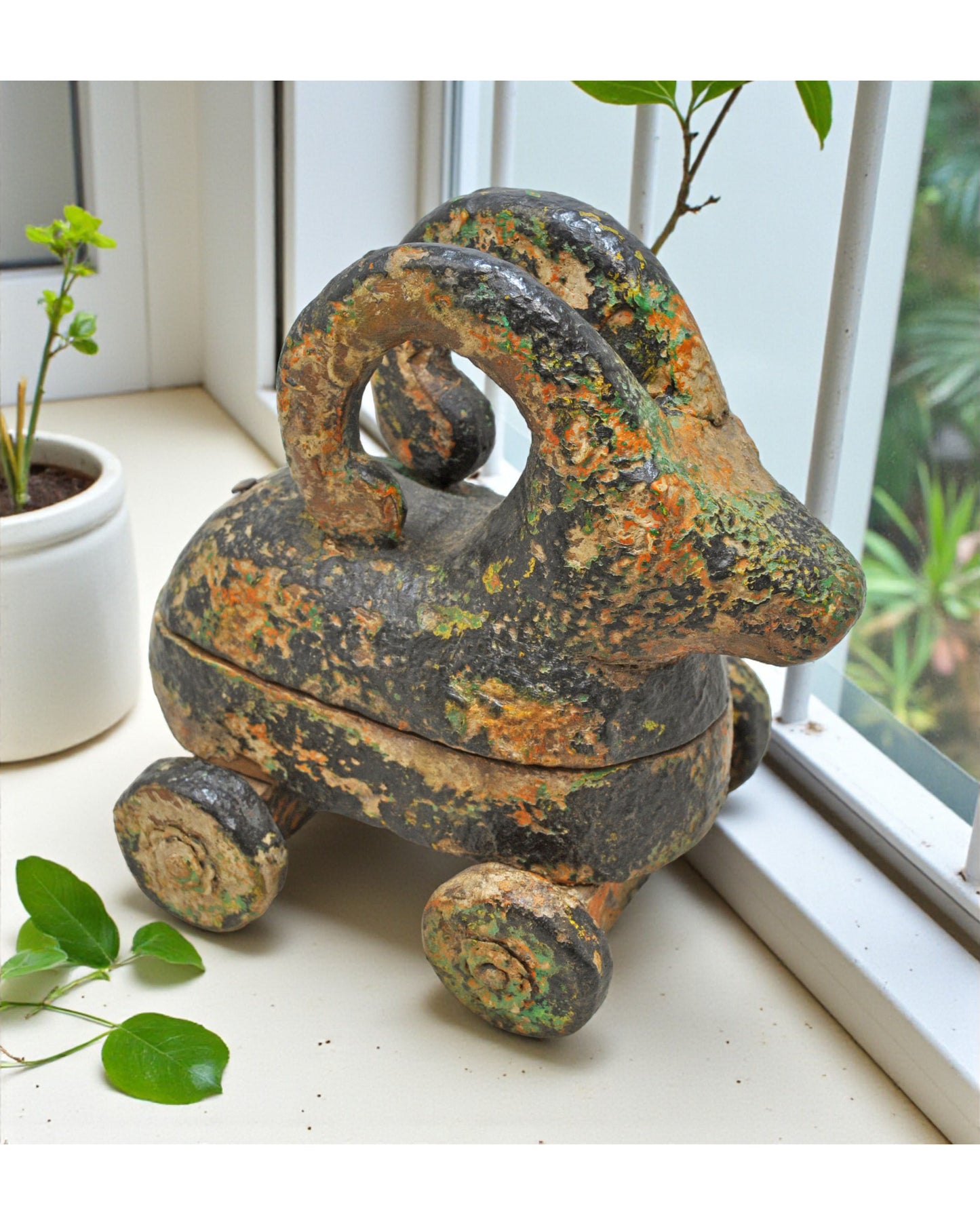 Hand Carved Wooden Ram on Wheels Figurine Spice Box Rustic Hand Painted