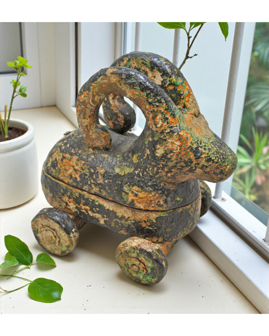 Hand Carved Wooden Ram on Wheels Figurine Spice Box Rustic Hand Painted