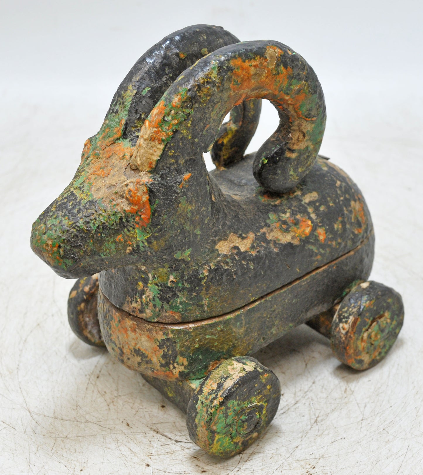 Hand Carved Wooden Ram on Wheels Figurine Spice Box Rustic Hand Painted