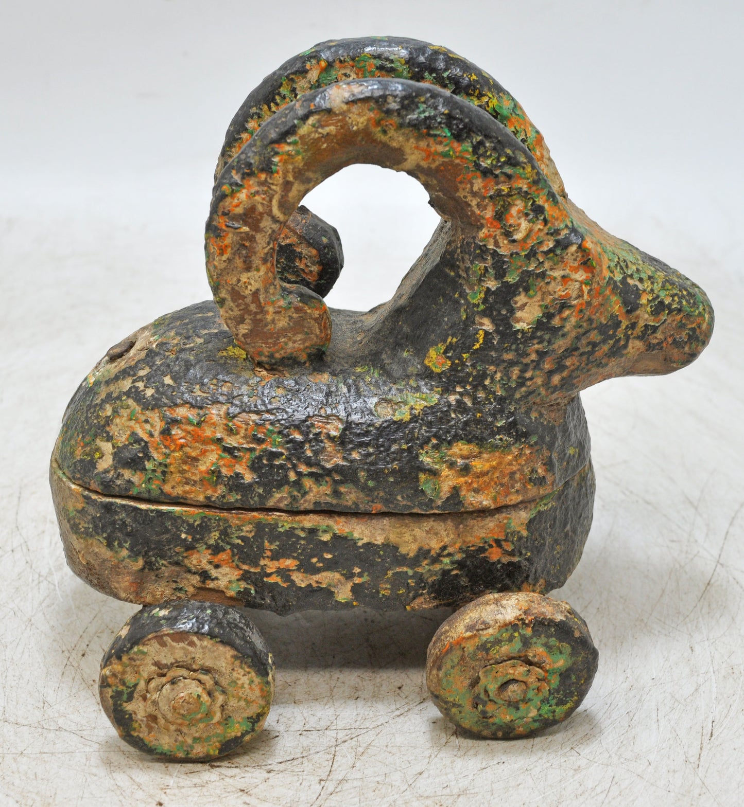 Hand Carved Wooden Ram on Wheels Figurine Spice Box Rustic Hand Painted