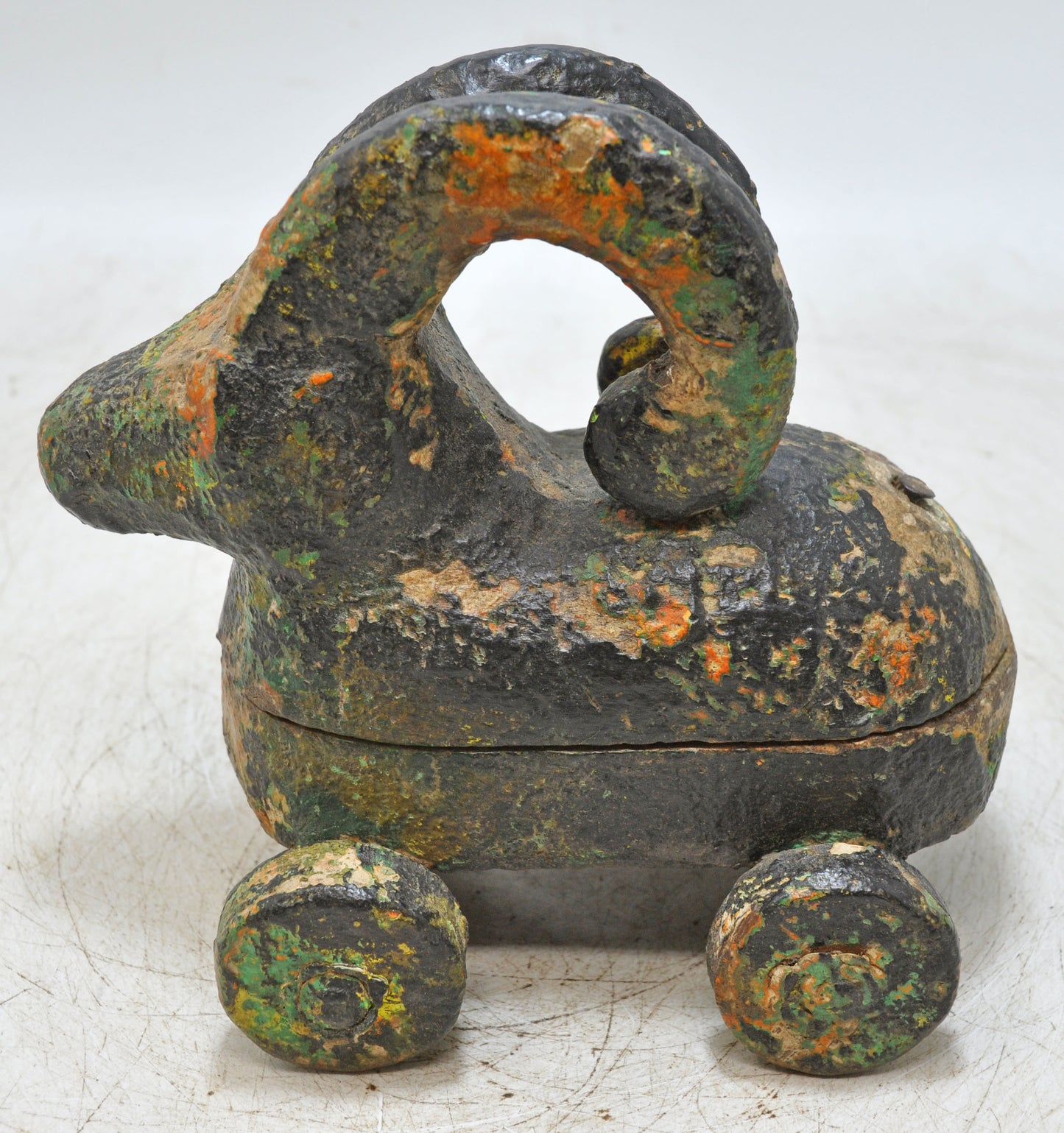 Hand Carved Wooden Ram on Wheels Figurine Spice Box Rustic Hand Painted