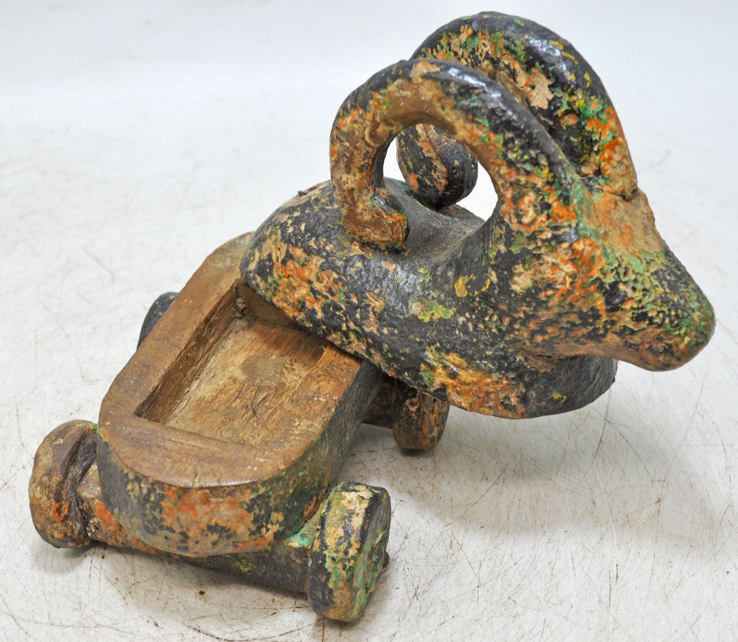 Hand Carved Wooden Ram on Wheels Figurine Spice Box Rustic Hand Painted