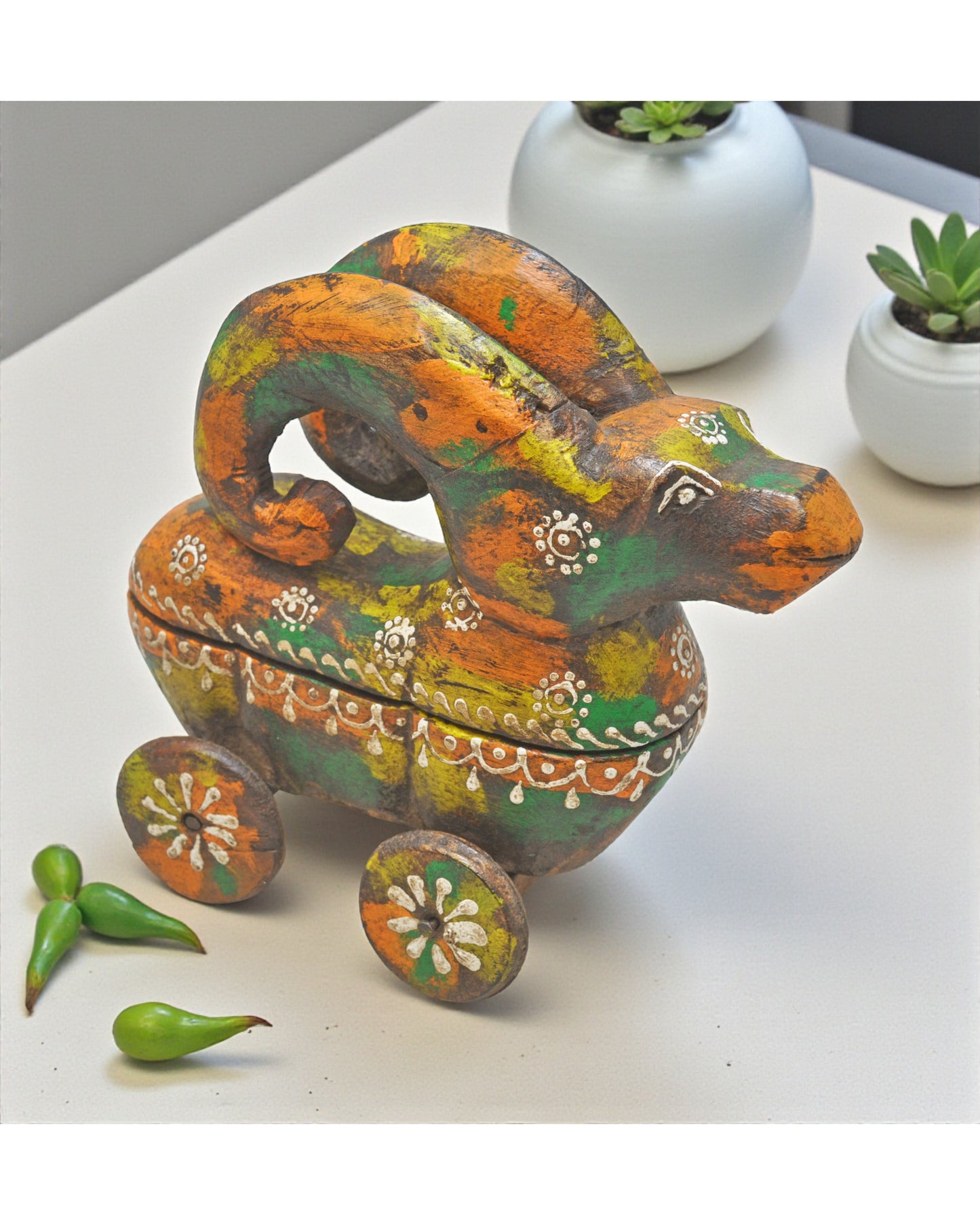 Hand Carved Wooden Ram on Wheels Figurine Spice Box Rustic Hand Painted