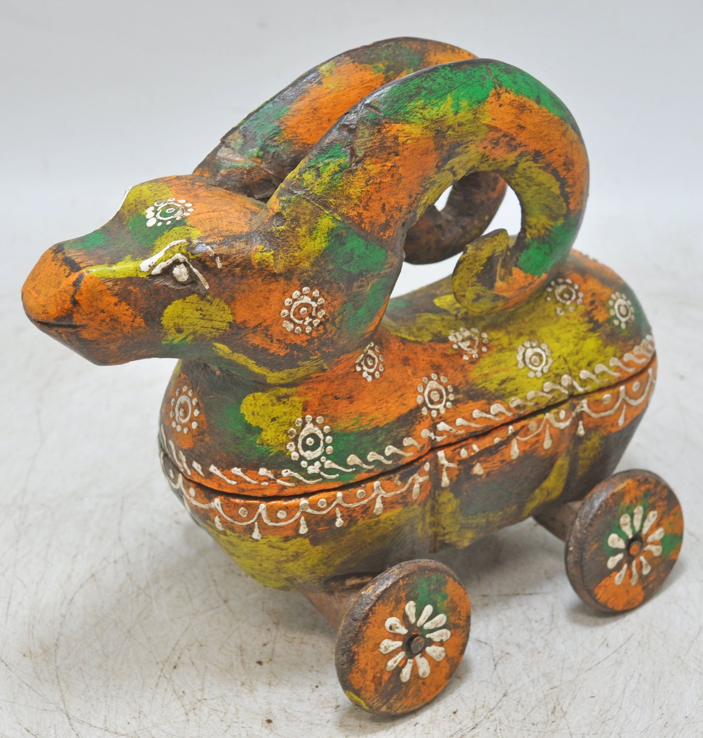 Hand Carved Wooden Ram on Wheels Figurine Spice Box Rustic Hand Painted