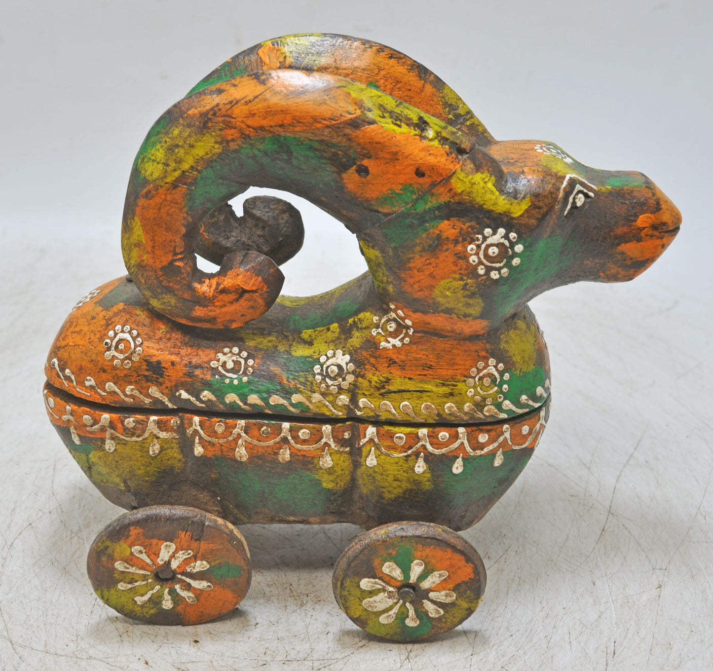 Hand Carved Wooden Ram on Wheels Figurine Spice Box Rustic Hand Painted