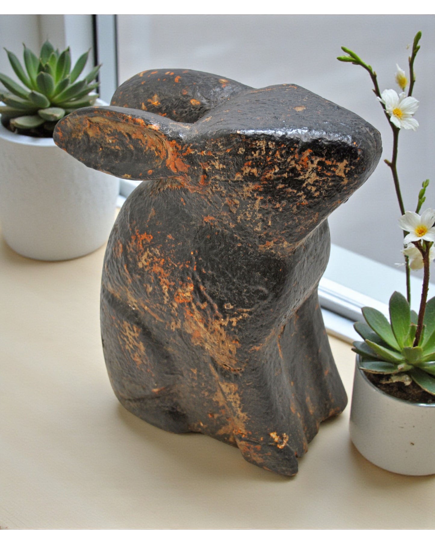 Hand Carved Wooden Rabbit Figurine Rustic Hand Painted