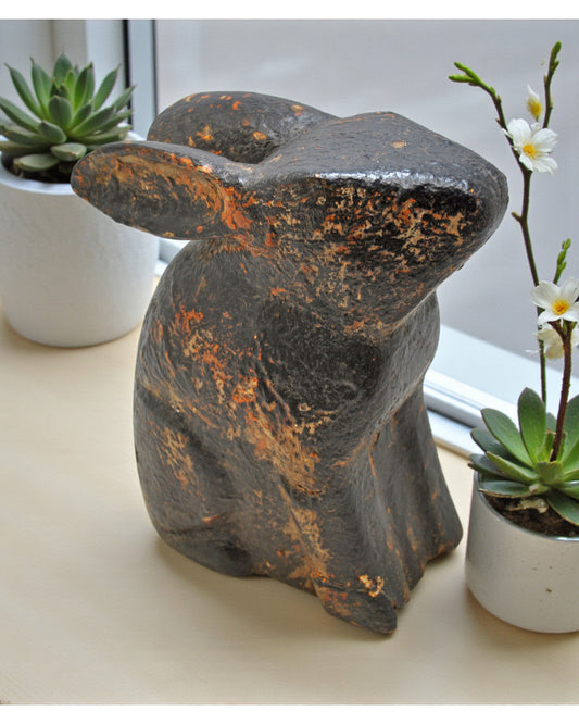 Hand Carved Wooden Rabbit Figurine Rustic Hand Painted