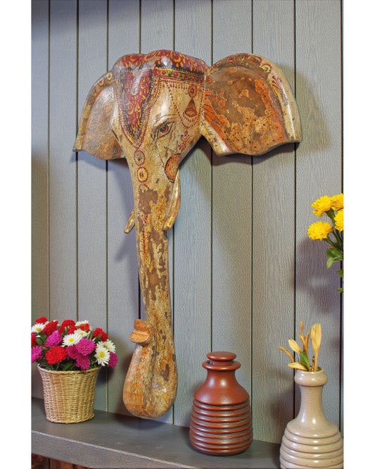 Hand Carved Wooden Wall Décor Elephant Head Bust Figurine Fine Hand Painted