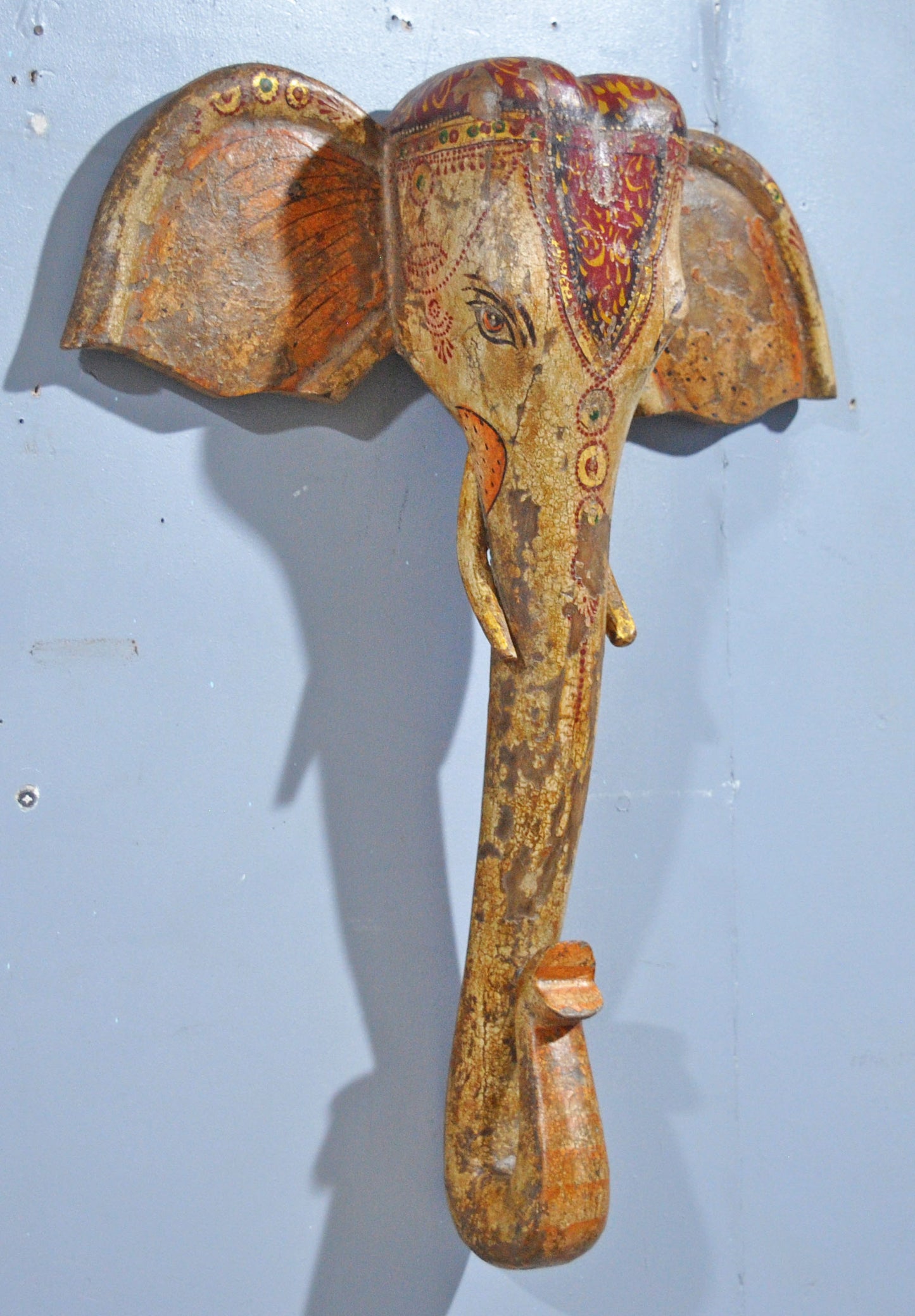 Hand Carved Wooden Wall Décor Elephant Head Bust Figurine Fine Hand Painted