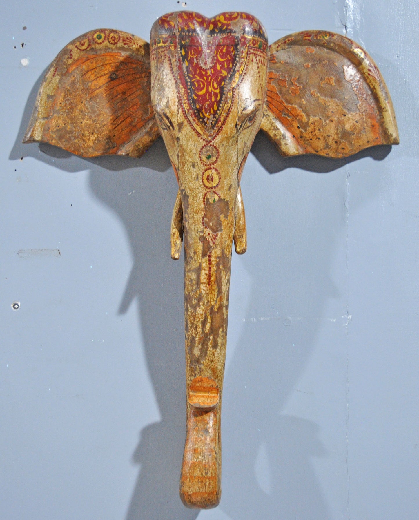 Hand Carved Wooden Wall Décor Elephant Head Bust Figurine Fine Hand Painted