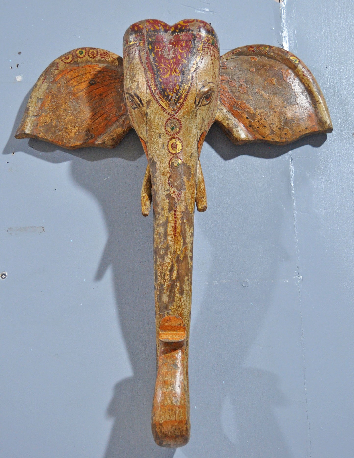 Hand Carved Wooden Wall Décor Elephant Head Bust Figurine Fine Hand Painted