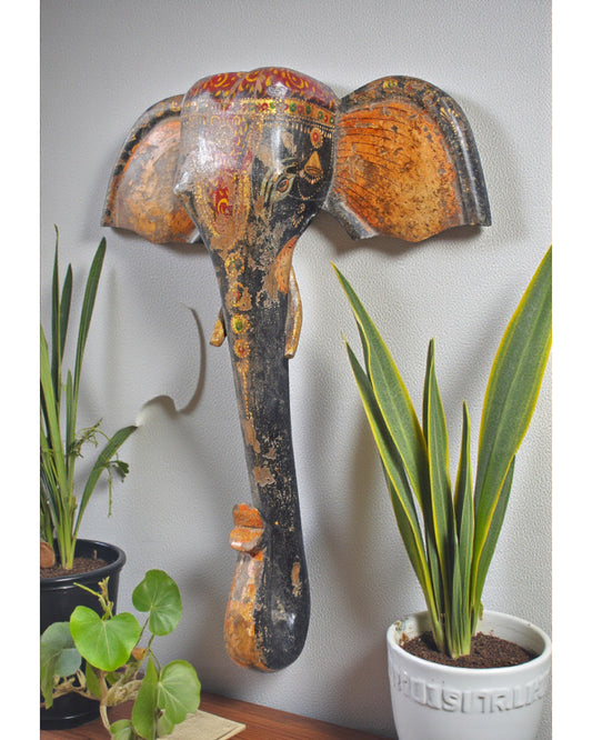 Hand Carved Wooden Wall Décor Elephant Head Bust Figurine Fine Hand Painted
