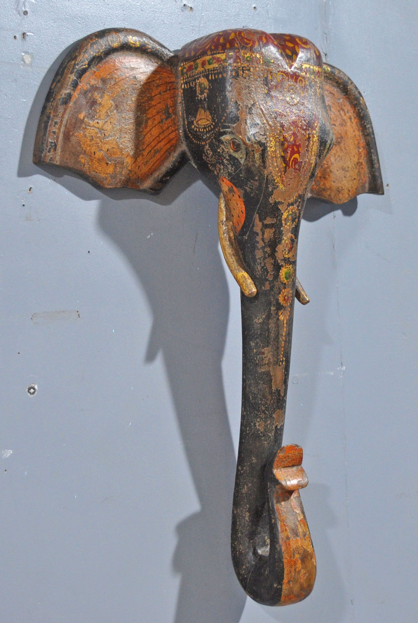 Hand Carved Wooden Wall Décor Elephant Head Bust Figurine Fine Hand Painted