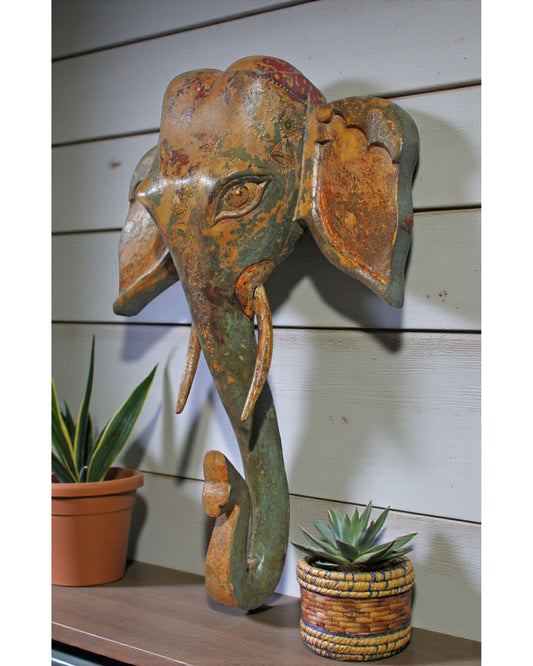 Hand Carved Wooden Wall Décor Elephant Head Bust Figurine Fine Hand Painted