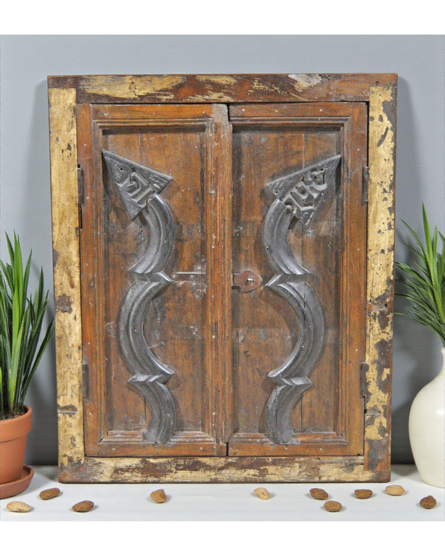 Antique Wooden Wall Décor Large Window Frame With 2 Panels Original Old Hand Crafted