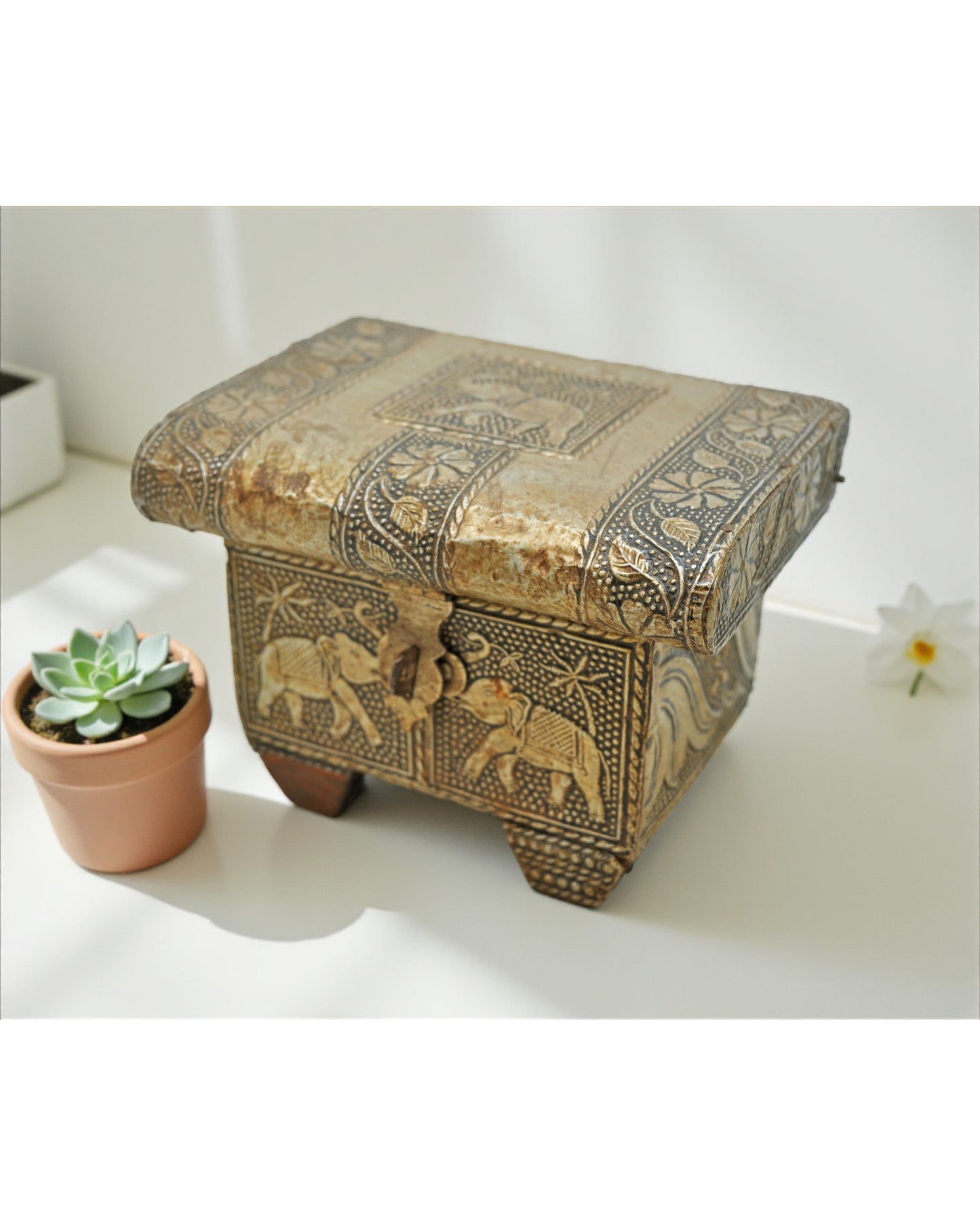 Vintage Wooden Jewelry Storage Box Original Old Hand Crafted Brass Fitted