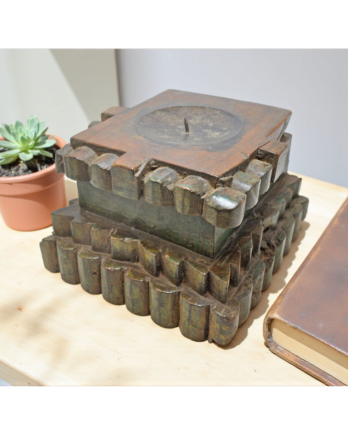 Antique Wooden Heavy Pillar Base Candle Holder Original Old Hand Carved