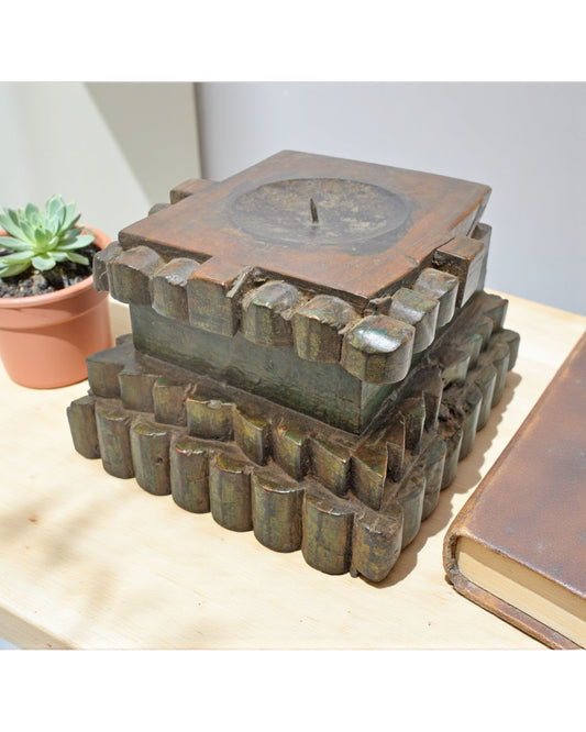 Antique Wooden Heavy Pillar Base Candle Holder Original Old Hand Carved