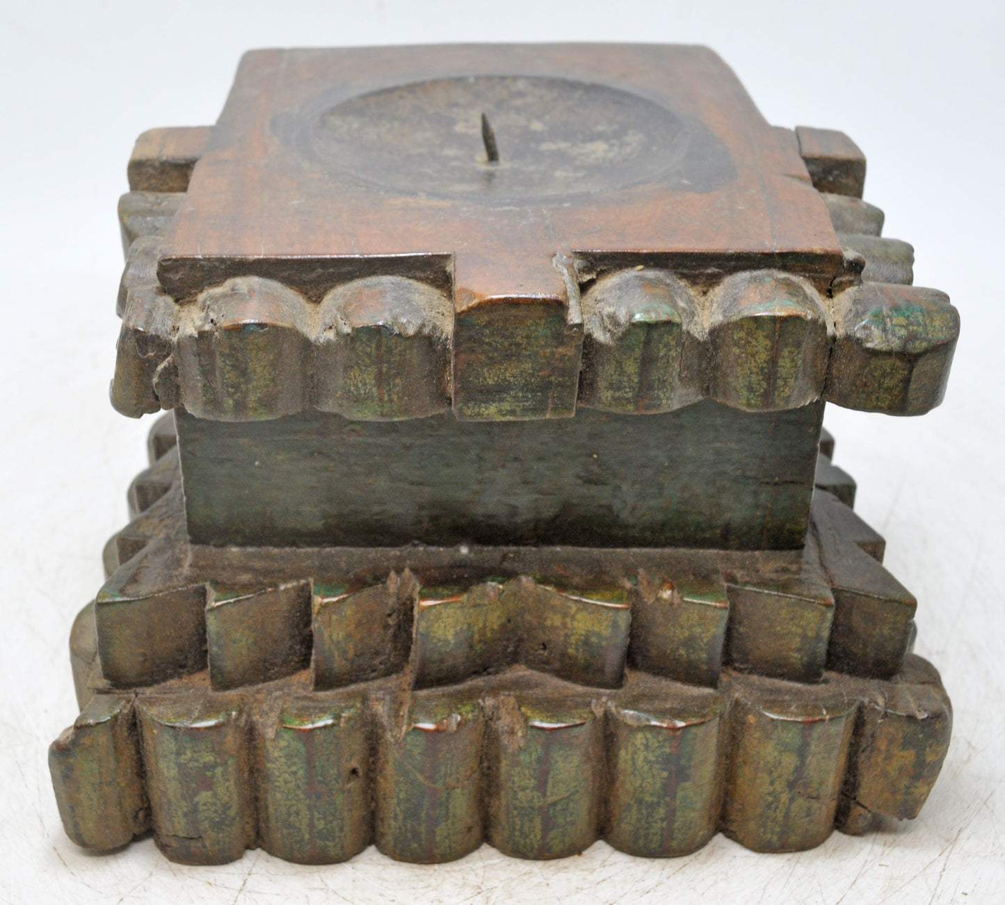 Antique Wooden Heavy Pillar Base Candle Holder Original Old Hand Carved