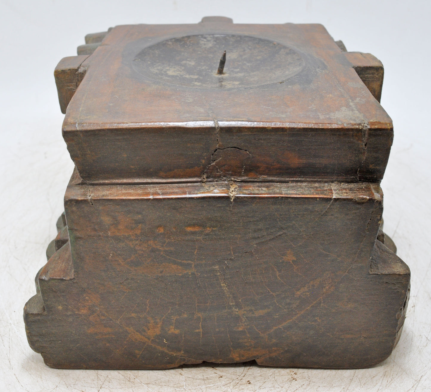 Antique Wooden Heavy Pillar Base Candle Holder Original Old Hand Carved