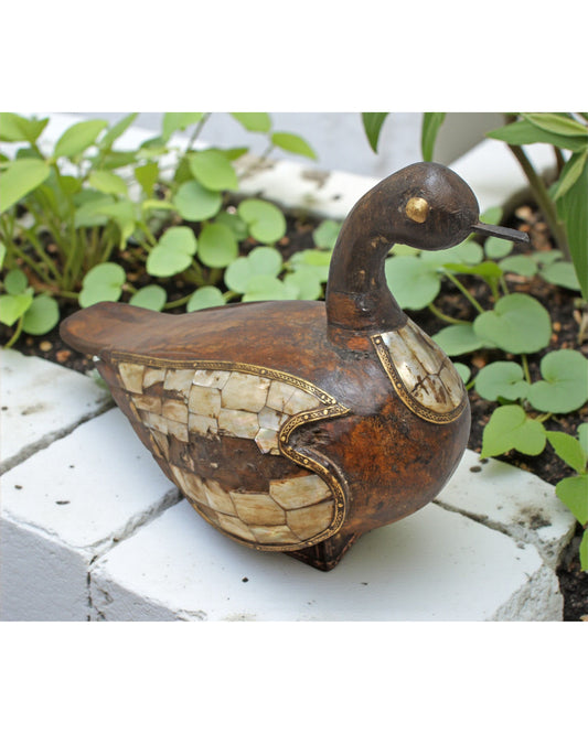 Vintage Wooden Duck Bird Figurine Original Old Hand Carved MOP Fitted