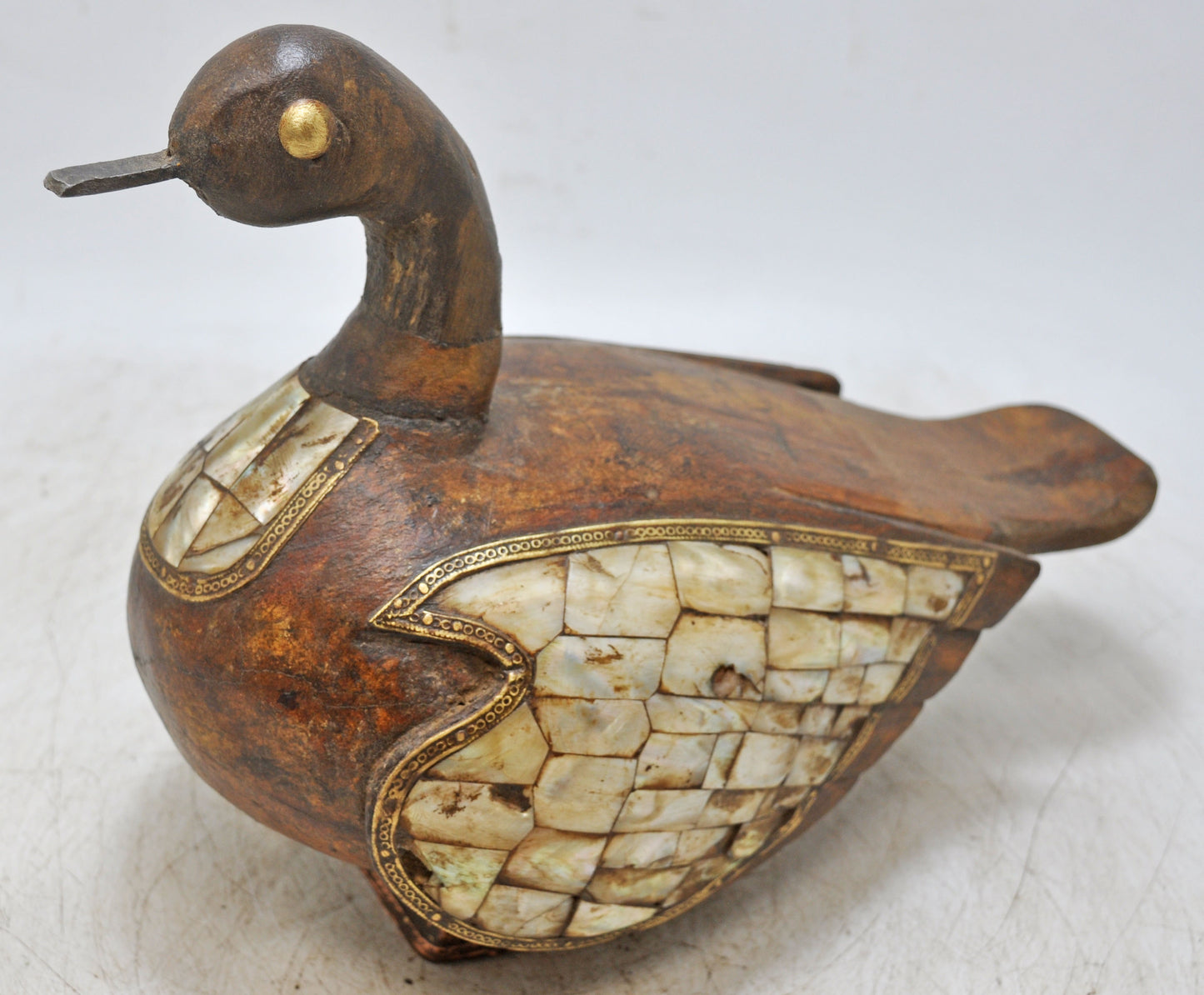 Vintage Wooden Duck Bird Figurine Original Old Hand Carved MOP Fitted