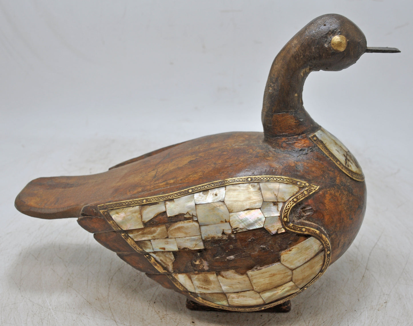 Vintage Wooden Duck Bird Figurine Original Old Hand Carved MOP Fitted