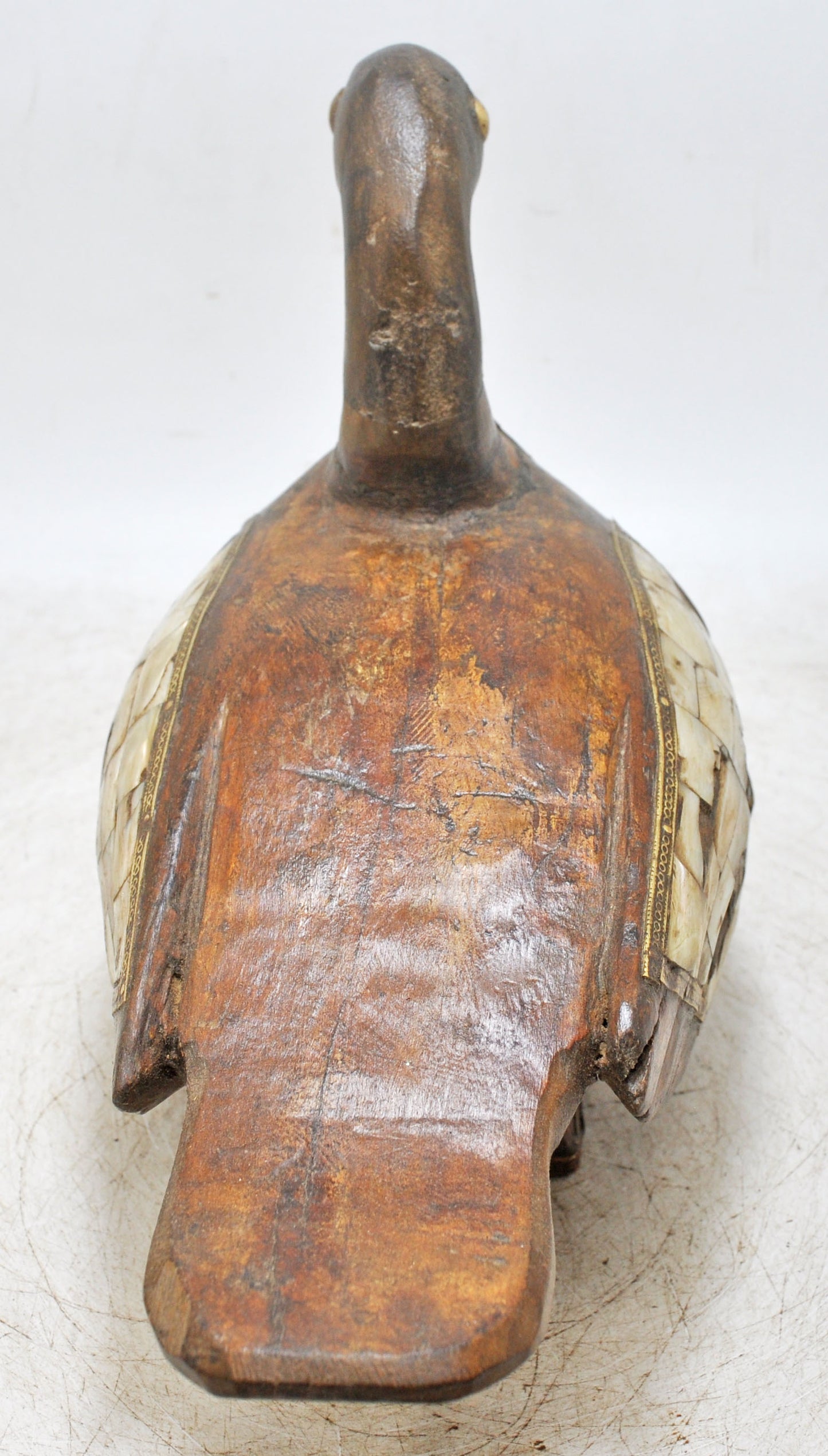 Vintage Wooden Duck Bird Figurine Original Old Hand Carved MOP Fitted