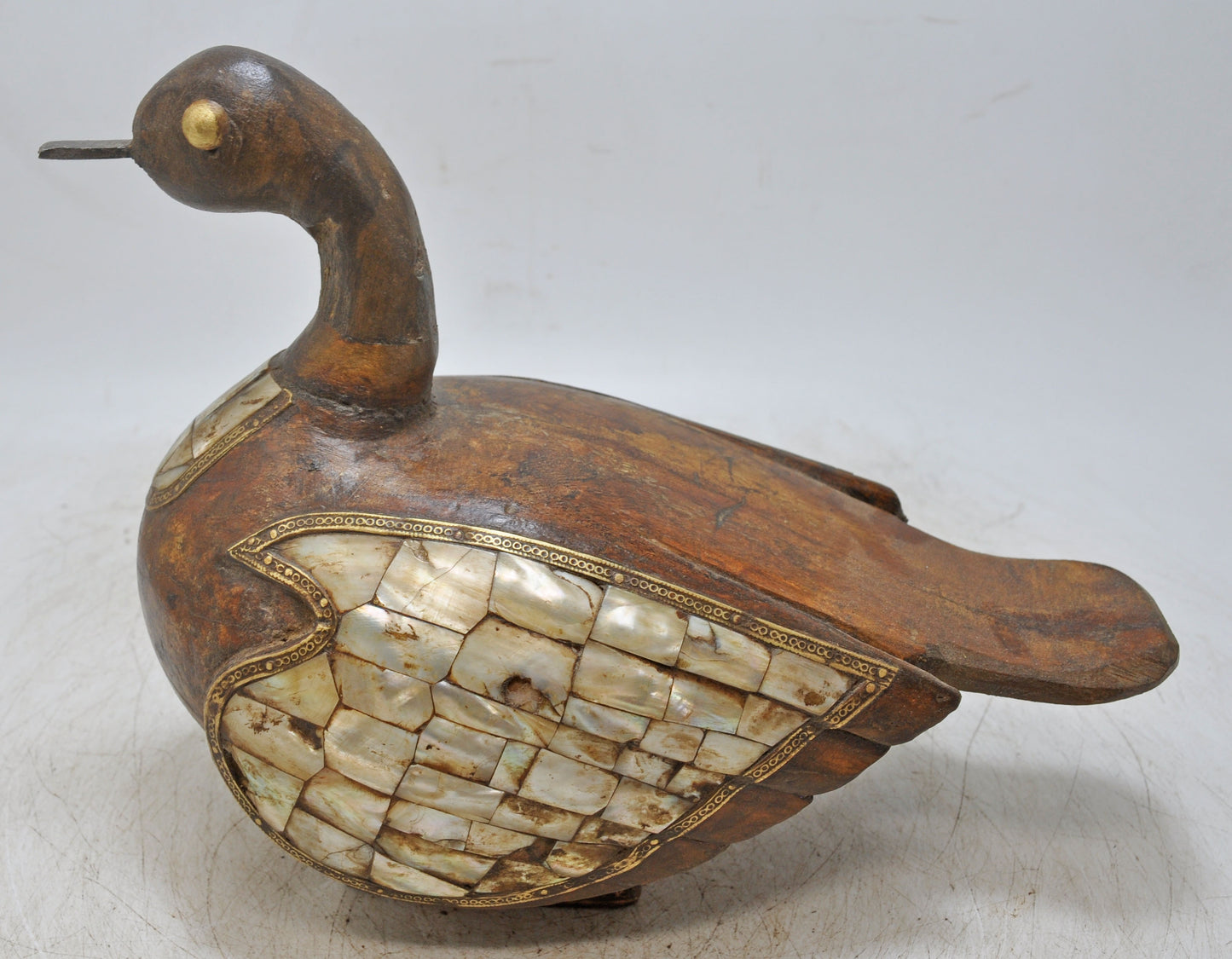 Vintage Wooden Duck Bird Figurine Original Old Hand Carved MOP Fitted