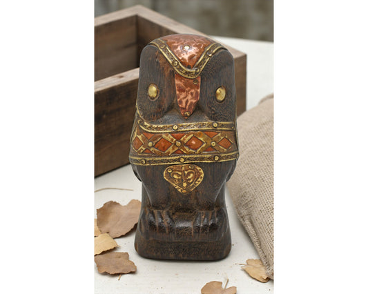 Vintage Wooden Owl Figurine Original Old Hand Carved Brass Fitted