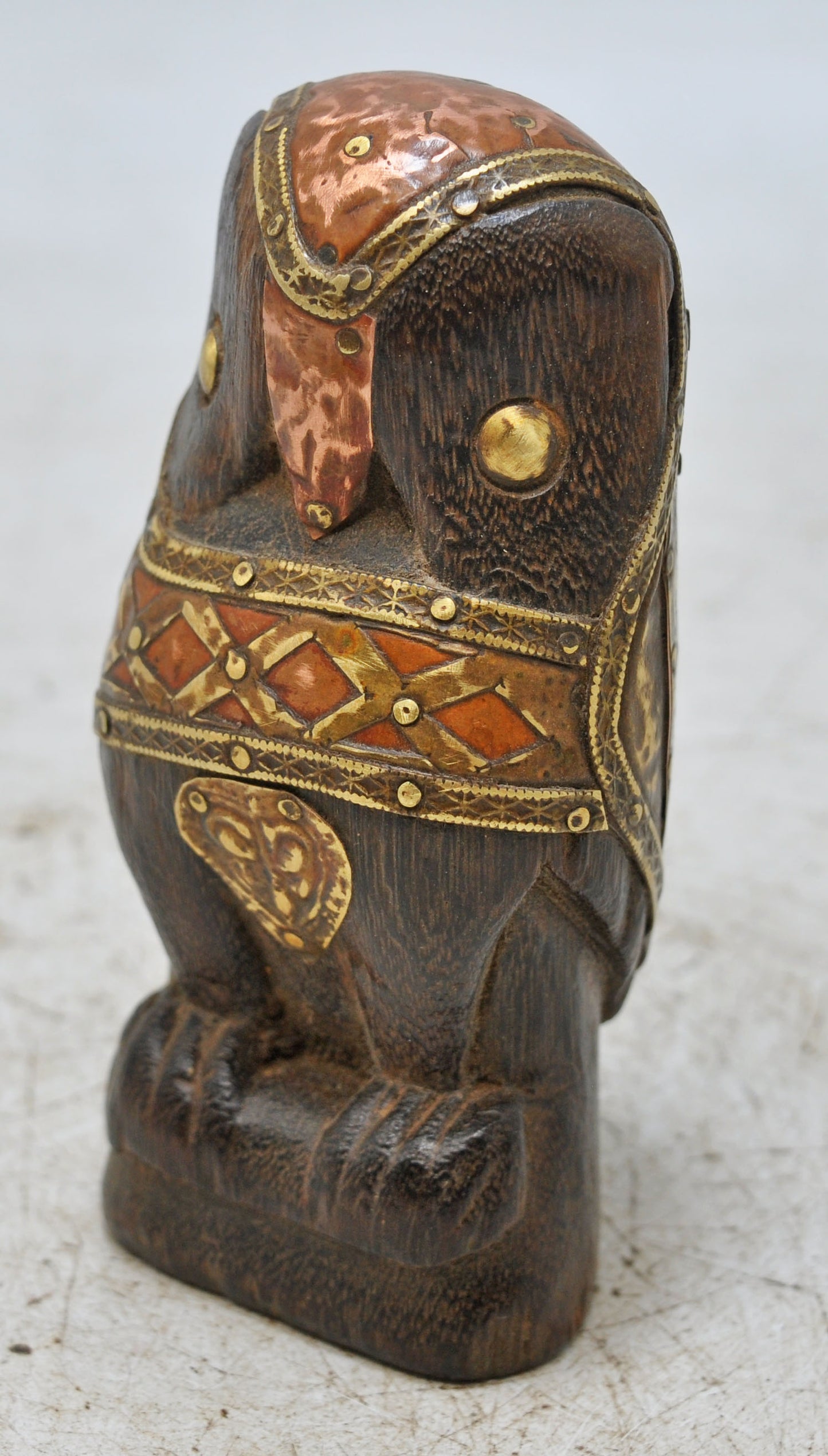 Vintage Wooden Owl Figurine Original Old Hand Carved Brass Fitted