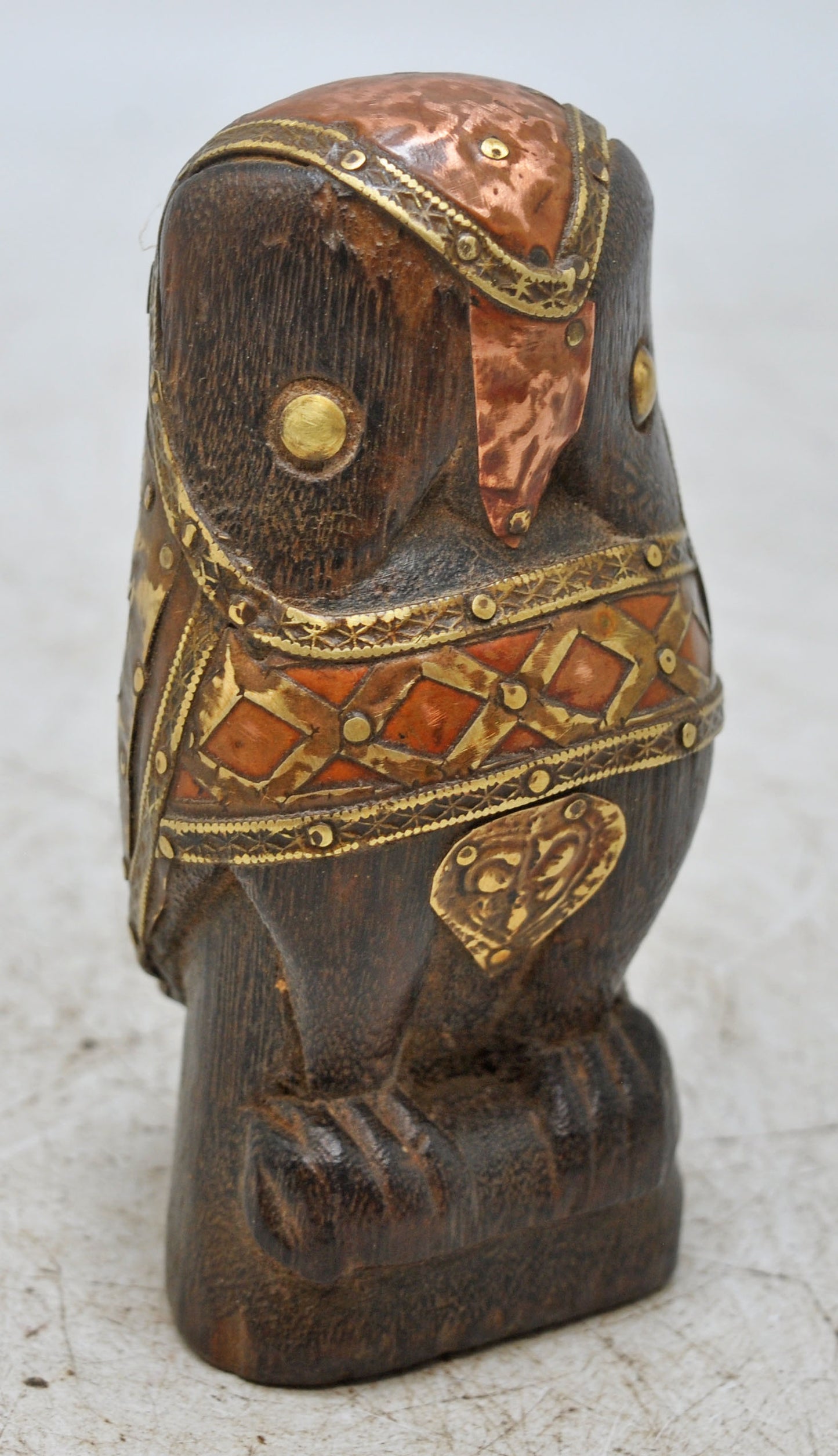 Vintage Wooden Owl Figurine Original Old Hand Carved Brass Fitted
