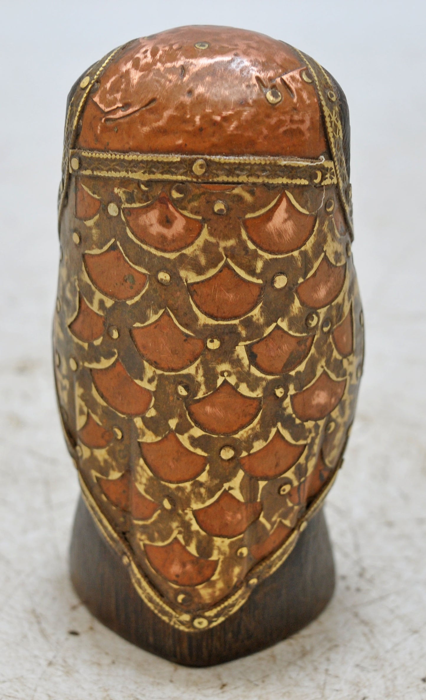 Vintage Wooden Owl Figurine Original Old Hand Carved Brass Fitted