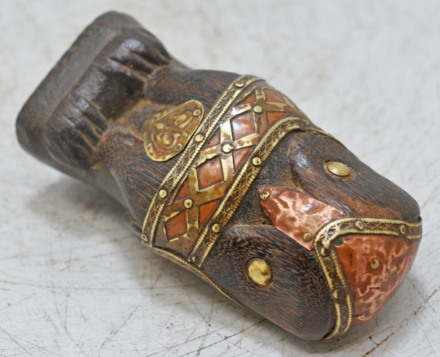 Vintage Wooden Owl Figurine Original Old Hand Carved Brass Fitted