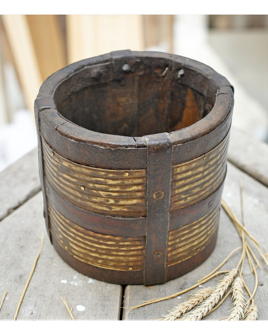 Vintage Wooden Grain Measurement Pot Paili Original Old Hand Crafted Brass Fitted
