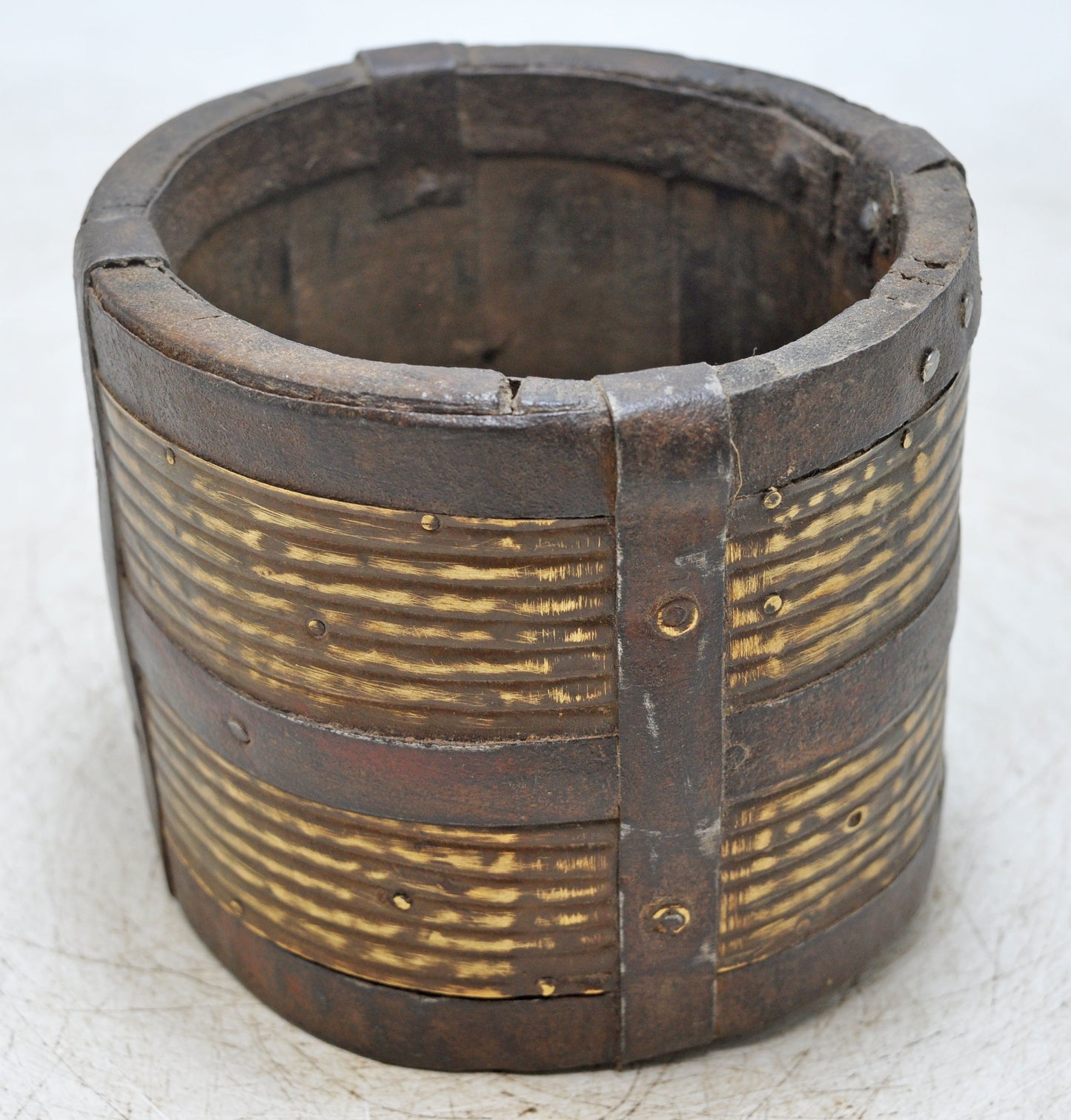 Vintage Wooden Grain Measurement Pot Paili Original Old Hand Crafted Brass Fitted