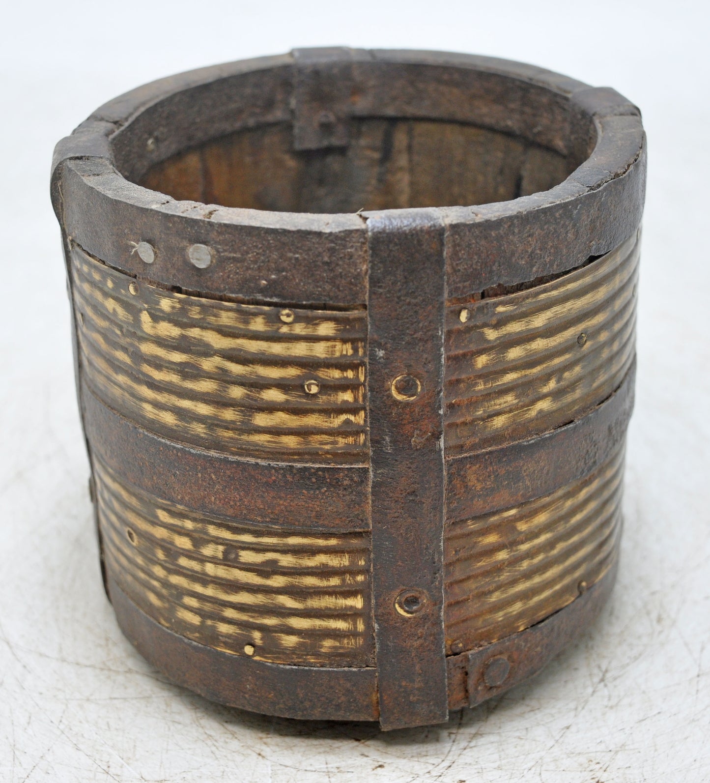 Vintage Wooden Grain Measurement Pot Paili Original Old Hand Crafted Brass Fitted