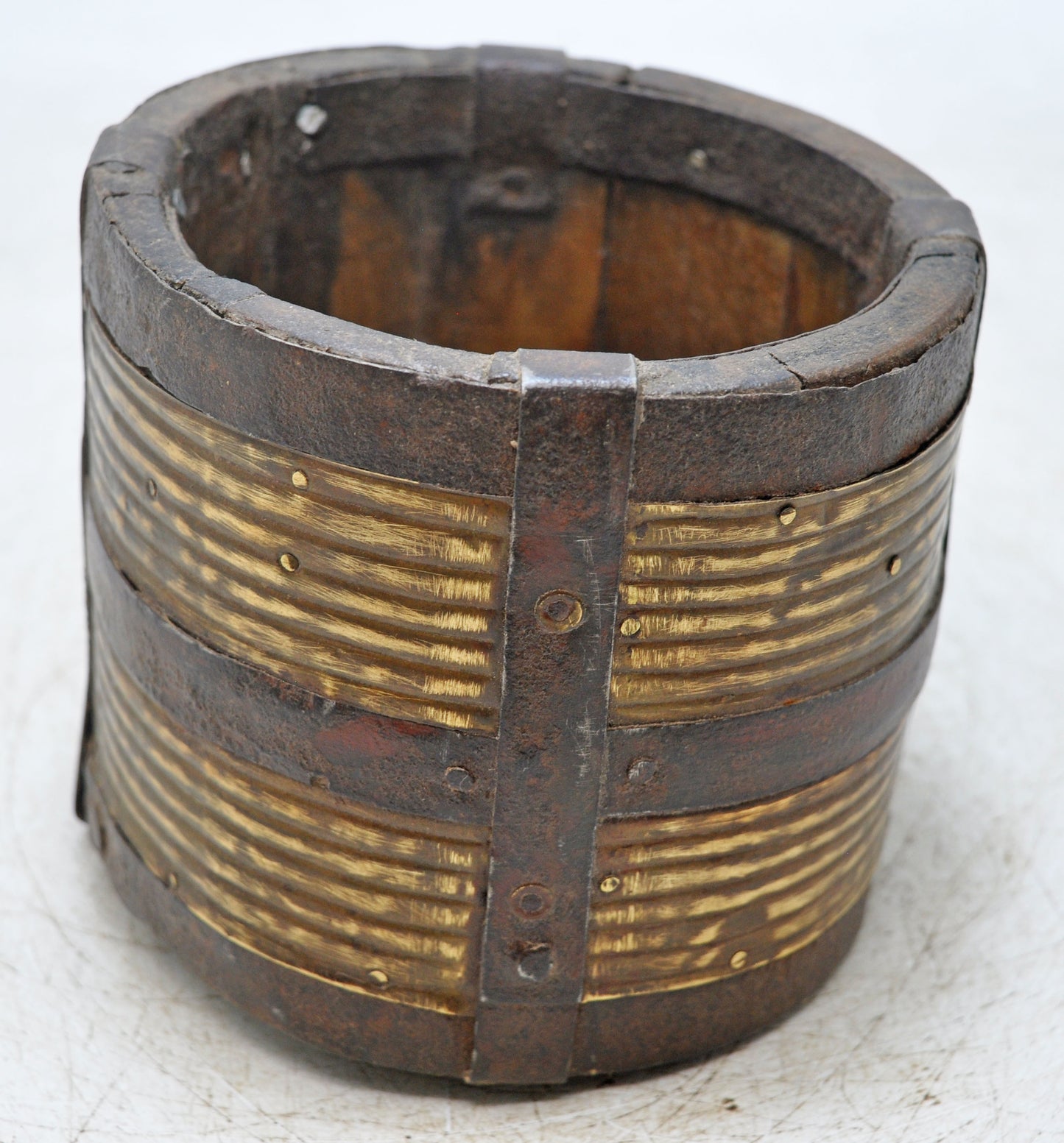 Vintage Wooden Grain Measurement Pot Paili Original Old Hand Crafted Brass Fitted