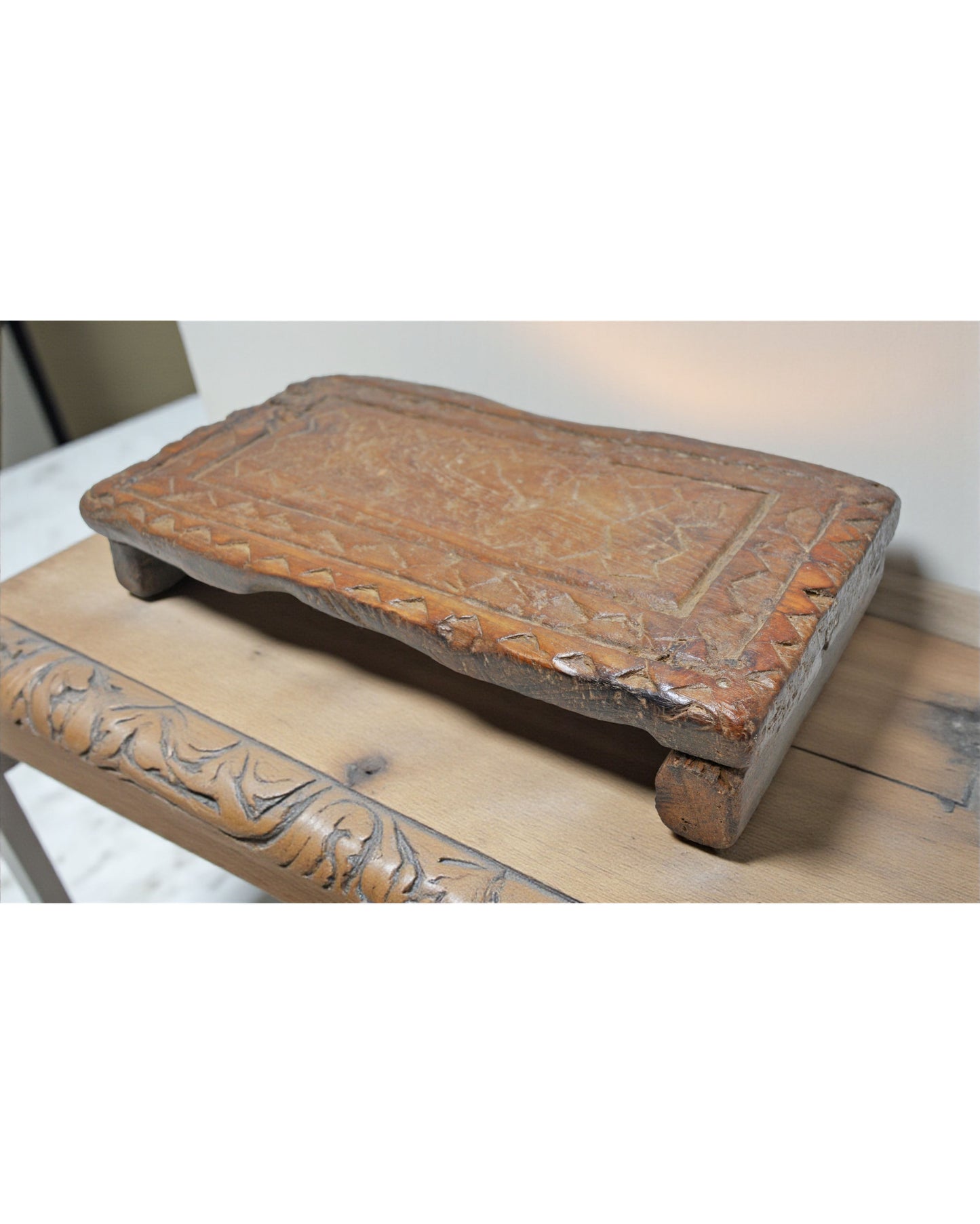 Antique Wooden Low Floor Sitting Bajot Stool Original Old Hand Carved