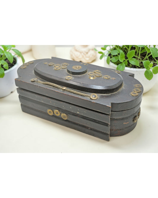 Antique Wooden Jewellery Box Original Old Hand Crafted Brass Fitted