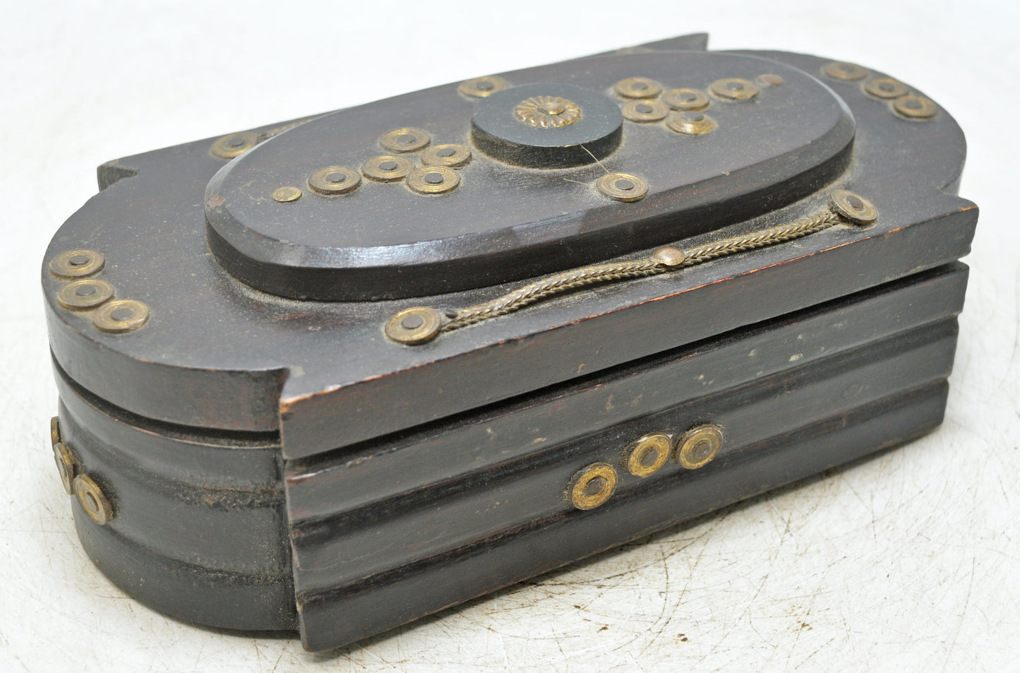 Antique Wooden Jewellery Box Original Old Hand Crafted Brass Fitted