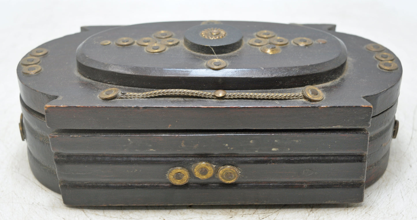 Antique Wooden Jewellery Box Original Old Hand Crafted Brass Fitted
