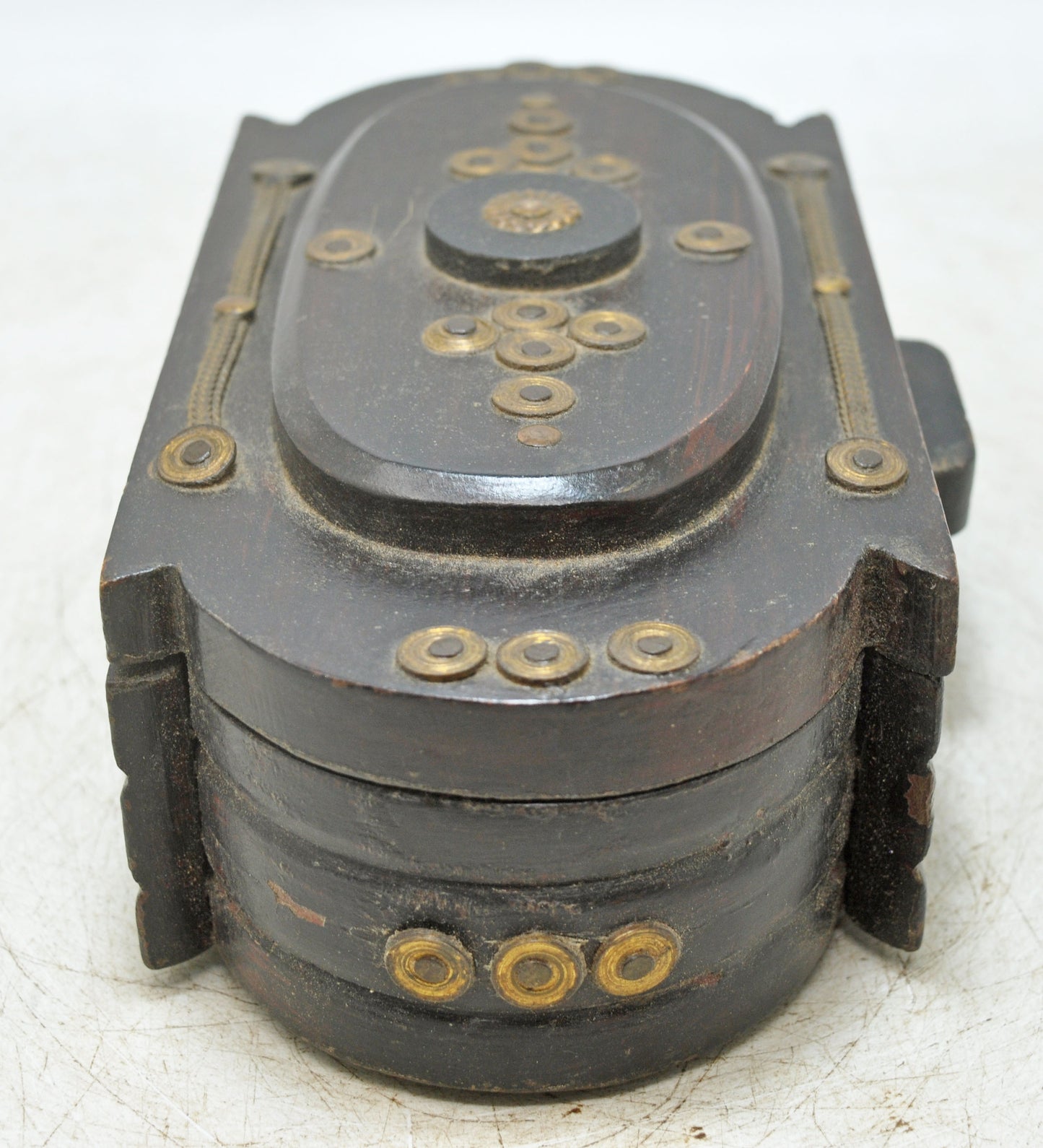 Antique Wooden Jewellery Box Original Old Hand Crafted Brass Fitted