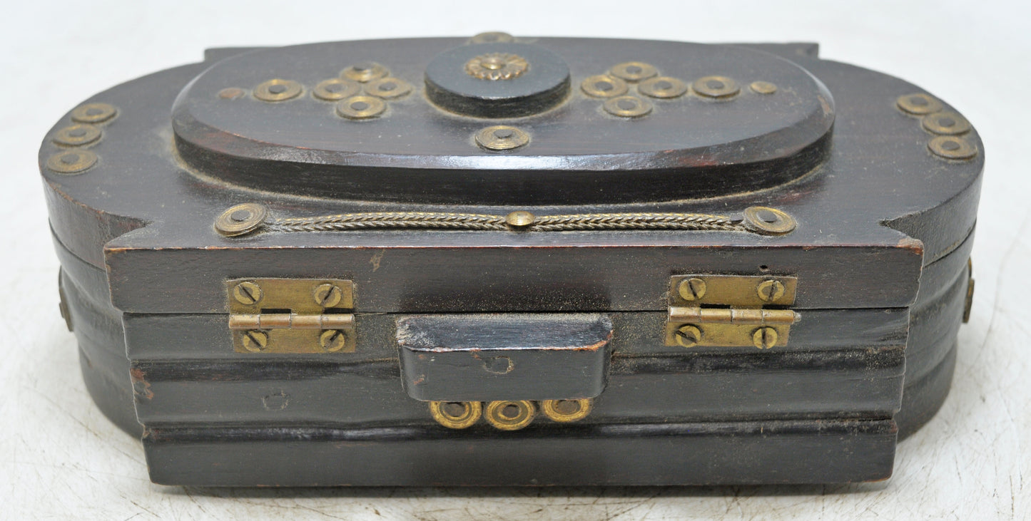 Antique Wooden Jewellery Box Original Old Hand Crafted Brass Fitted