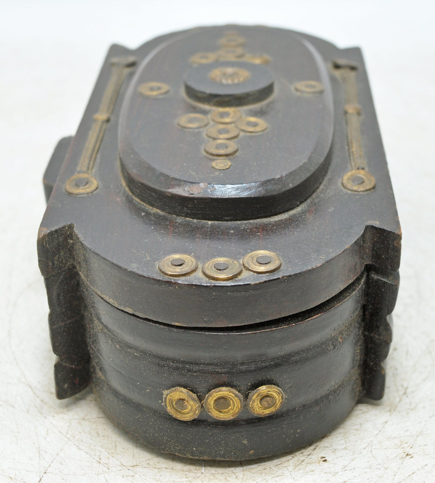 Antique Wooden Jewellery Box Original Old Hand Crafted Brass Fitted