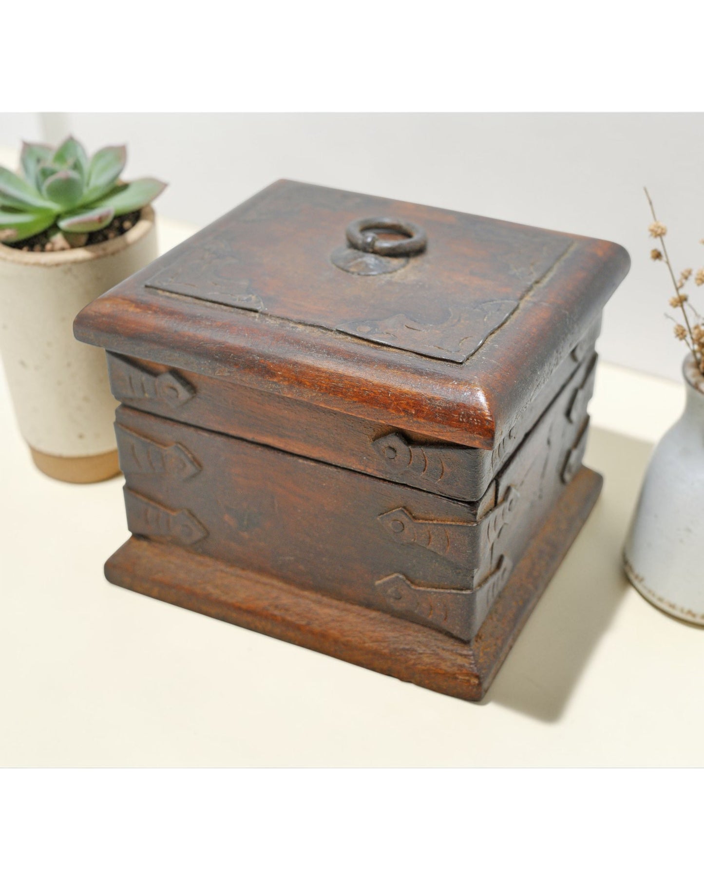 Vintage Wooden Small Square Storage Box Original Old Hand Crafted