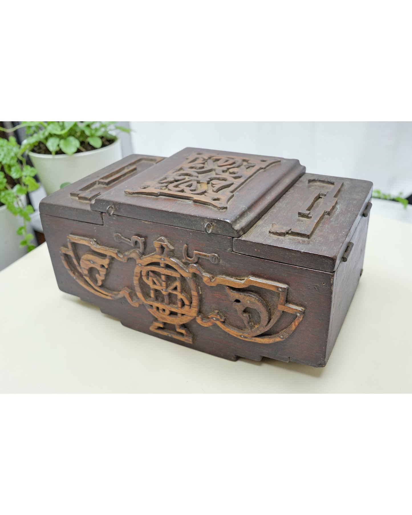 Antique Wooden 3 Lids Storage Box Original Old Hand Crafted Carved