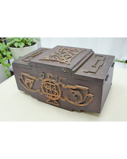 Antique Wooden 3 Lids Storage Box Original Old Hand Crafted Carved