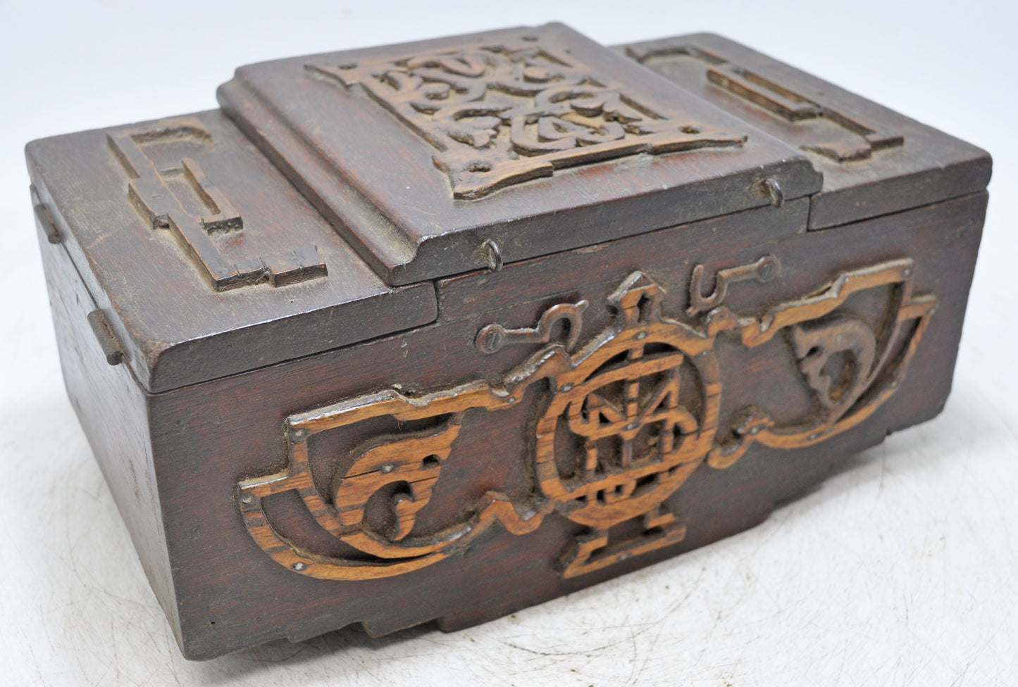 Antique Wooden 3 Lids Storage Box Original Old Hand Crafted Carved