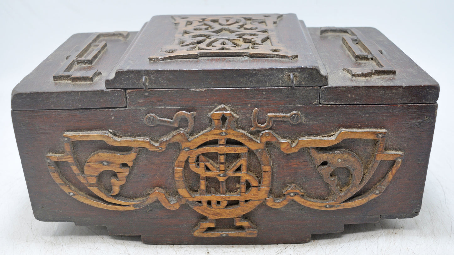 Antique Wooden 3 Lids Storage Box Original Old Hand Crafted Carved